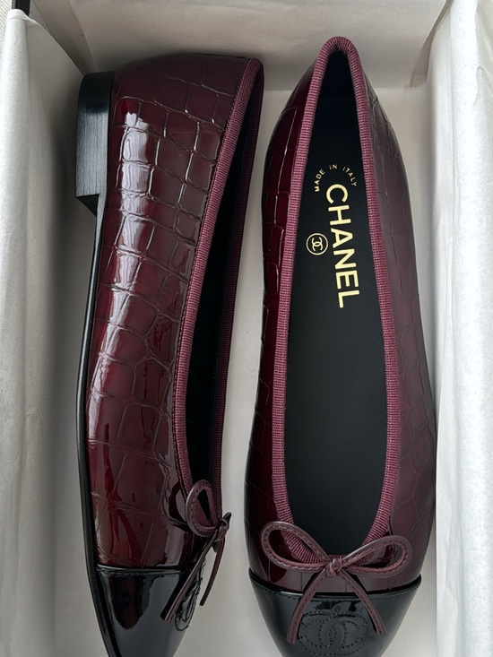 CHANEL Shoes - Chanel Burgundy Croc Patent Leather Ballet Flats